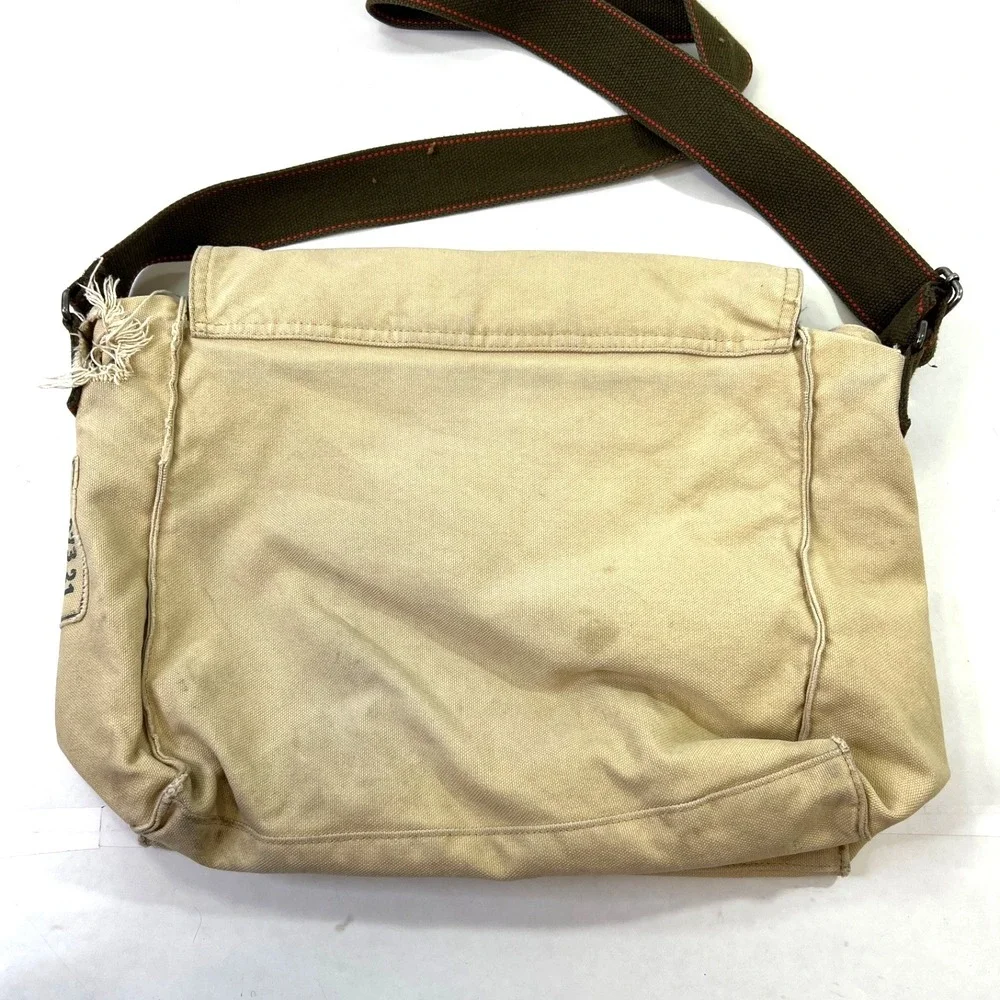 Old Navy Beige Canvas Messenger Bag Camo Lining Leather Tabs Distressed Adjustbl